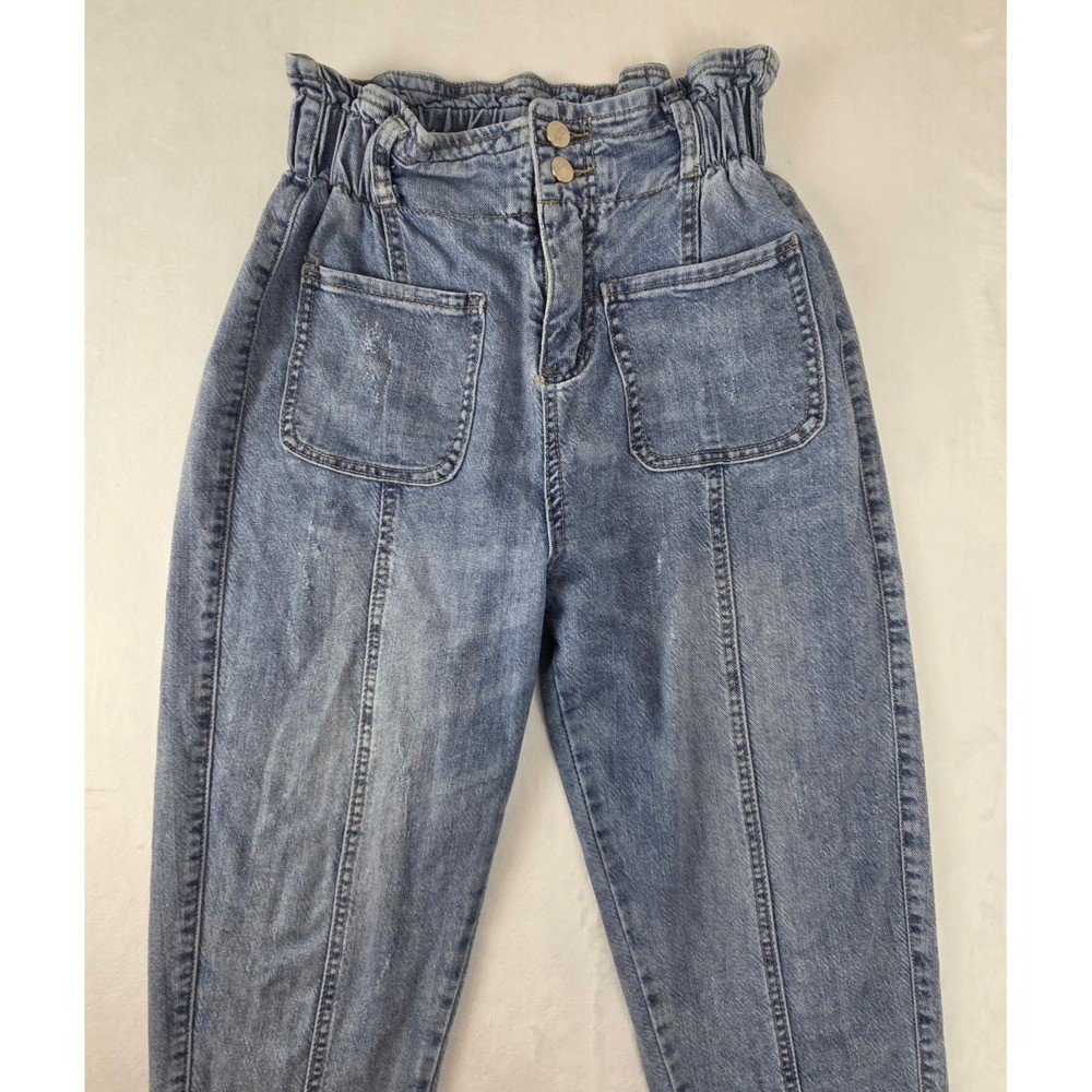 Women 29 Blue Vintage-Inspired Mom Jeans Paperbag High Waist Tapered Leg