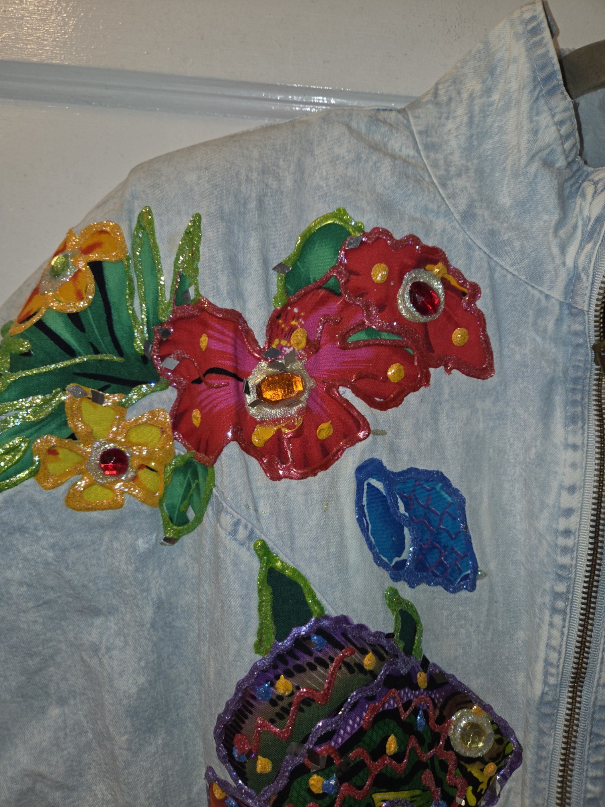Vintage 80’s OOAK Handpainted Janika Designs Denim Jumpsuit. Fish. Art To Wear M