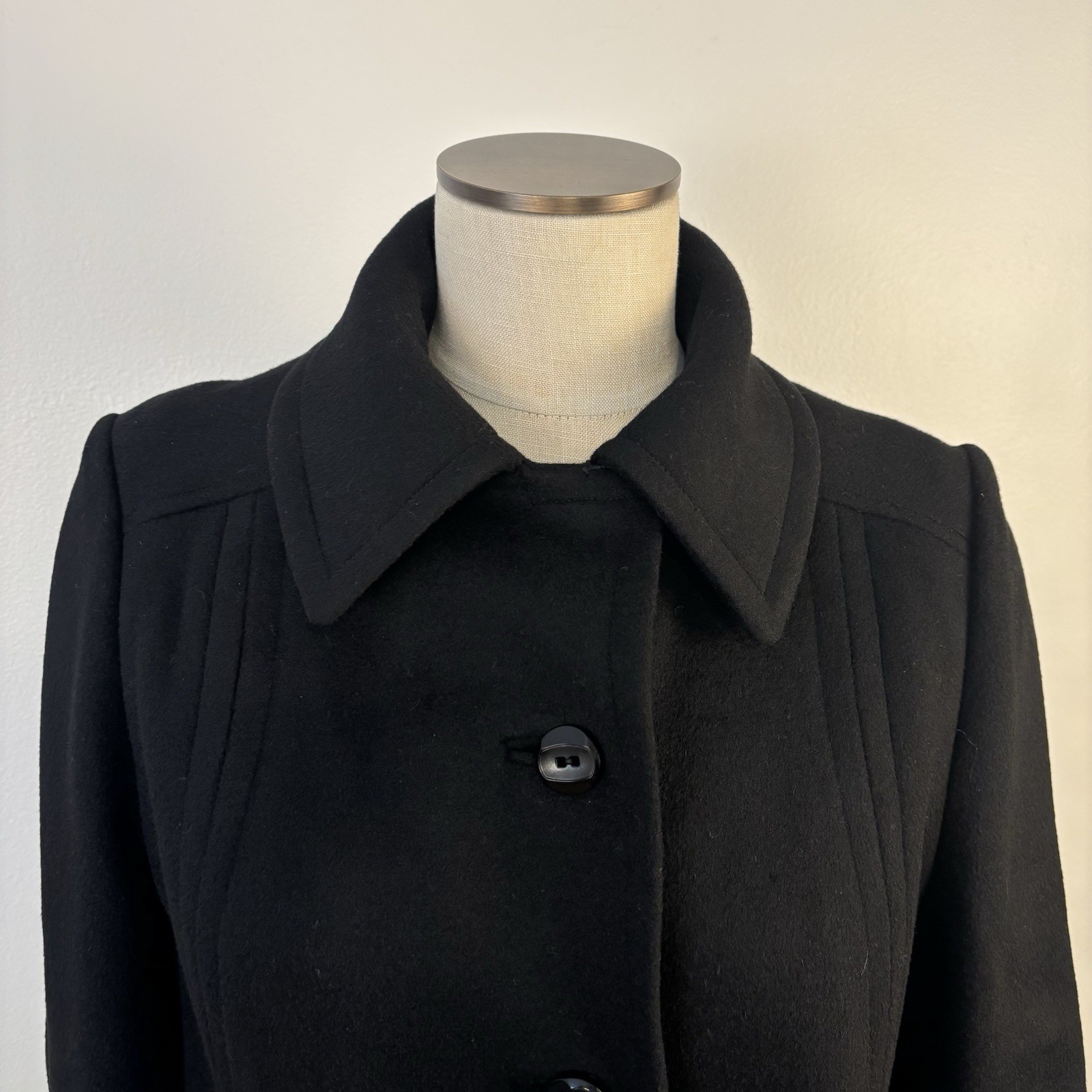 VTG 1960s Stevens Forstmann Black Wool Swing Coat Mod Jacki O Style Quiet Luxury