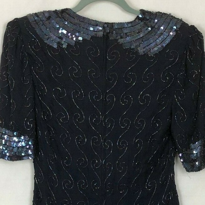 Vtg 80s Sequin Beaded Silk Dress M Glam Goth Dark Cocktail Sparkle Deco