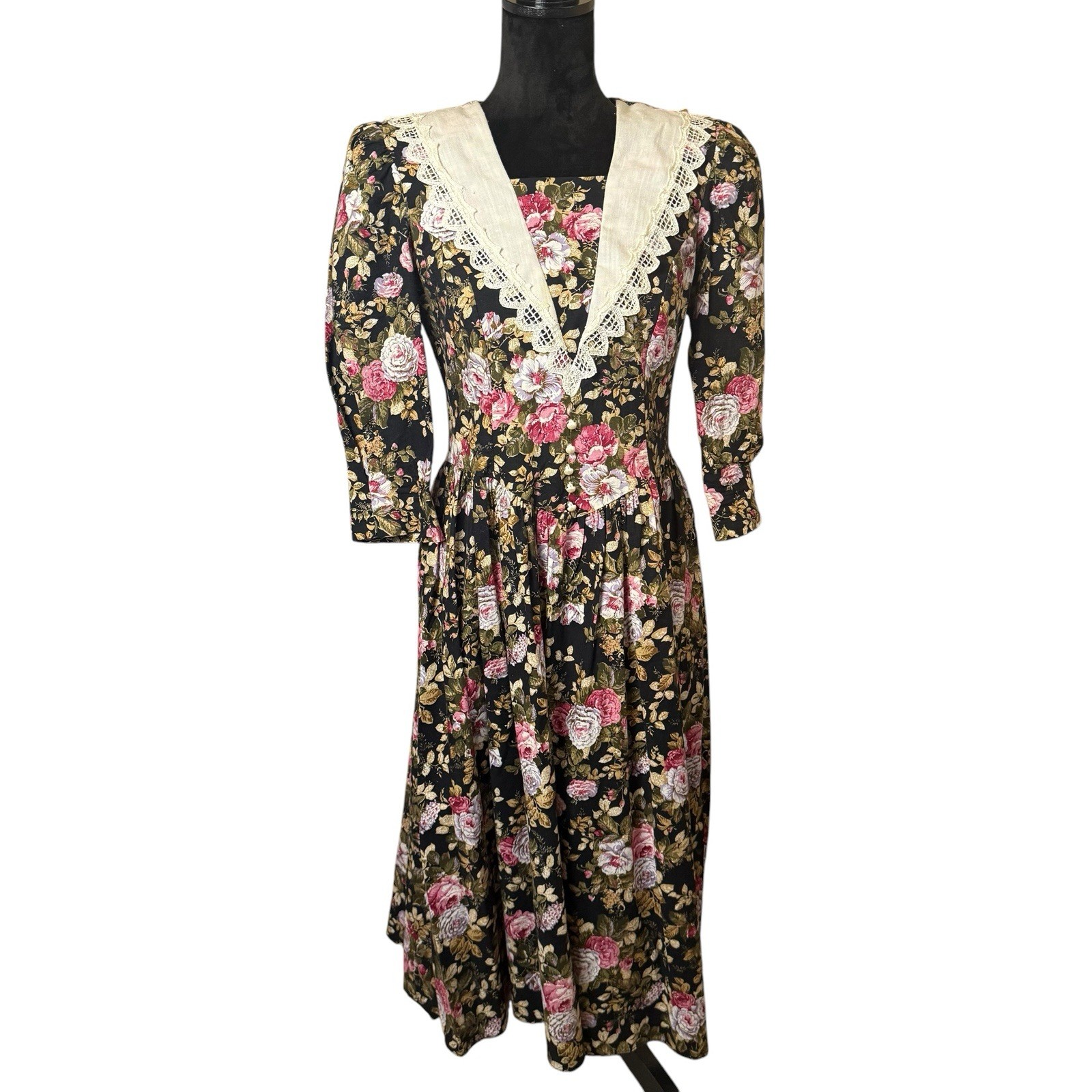 Vintage 80s Dark Cottagecore Black Floral Midi Dress Size Large Lace Prairie