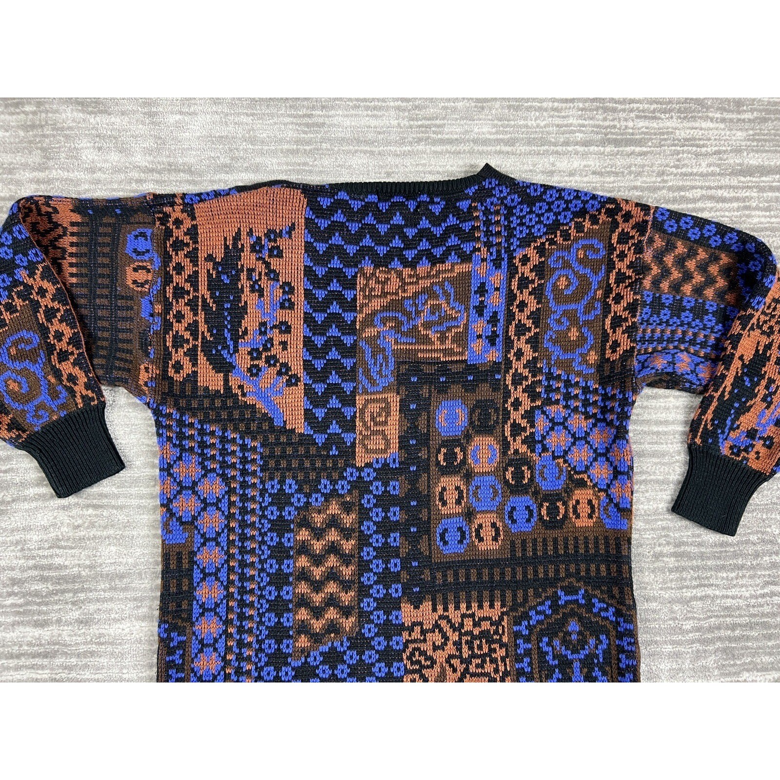 Partners by Mervyns Sweater Women Medium Blue Brown Vintage Patchwork V-Neck 80s
