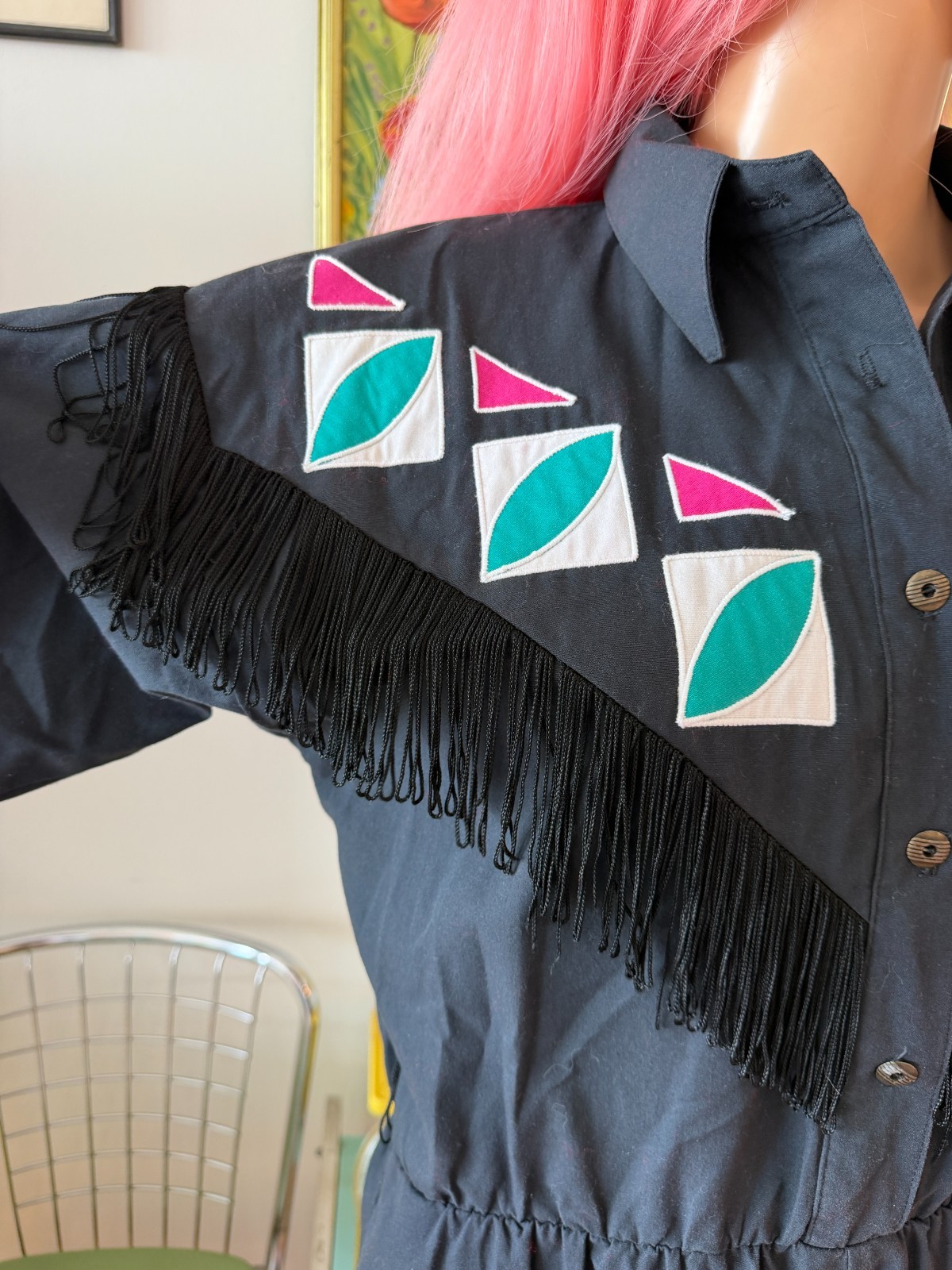 🤠 Vtg 80s does 50s Western Square Dance Cowgirl Fringe Shirtwaist Party Dress M