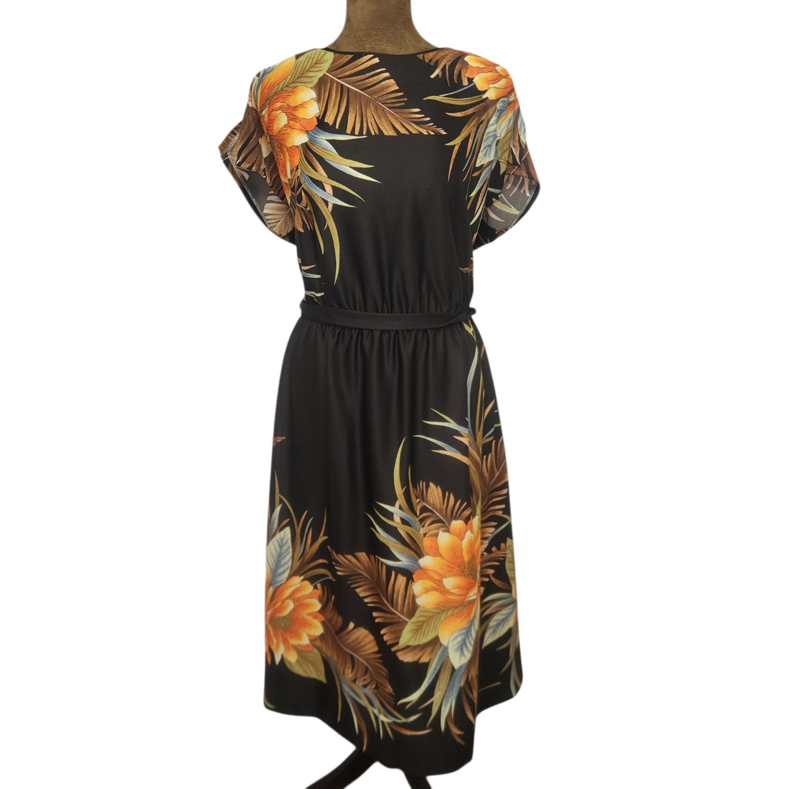 Resort Line Hawaii Vintage 70s Midi Dress Size XL Black Orange Floral Tie Waist