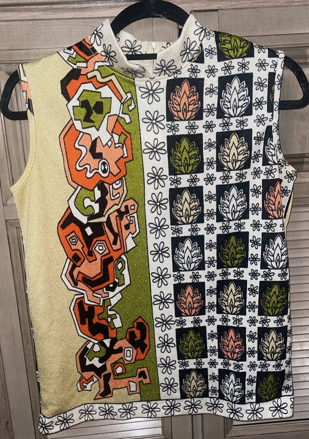 Vtg 60s-70s Donovan Galvani Of Dallas Abstract Colorful Sleeveless Top, Back Zip