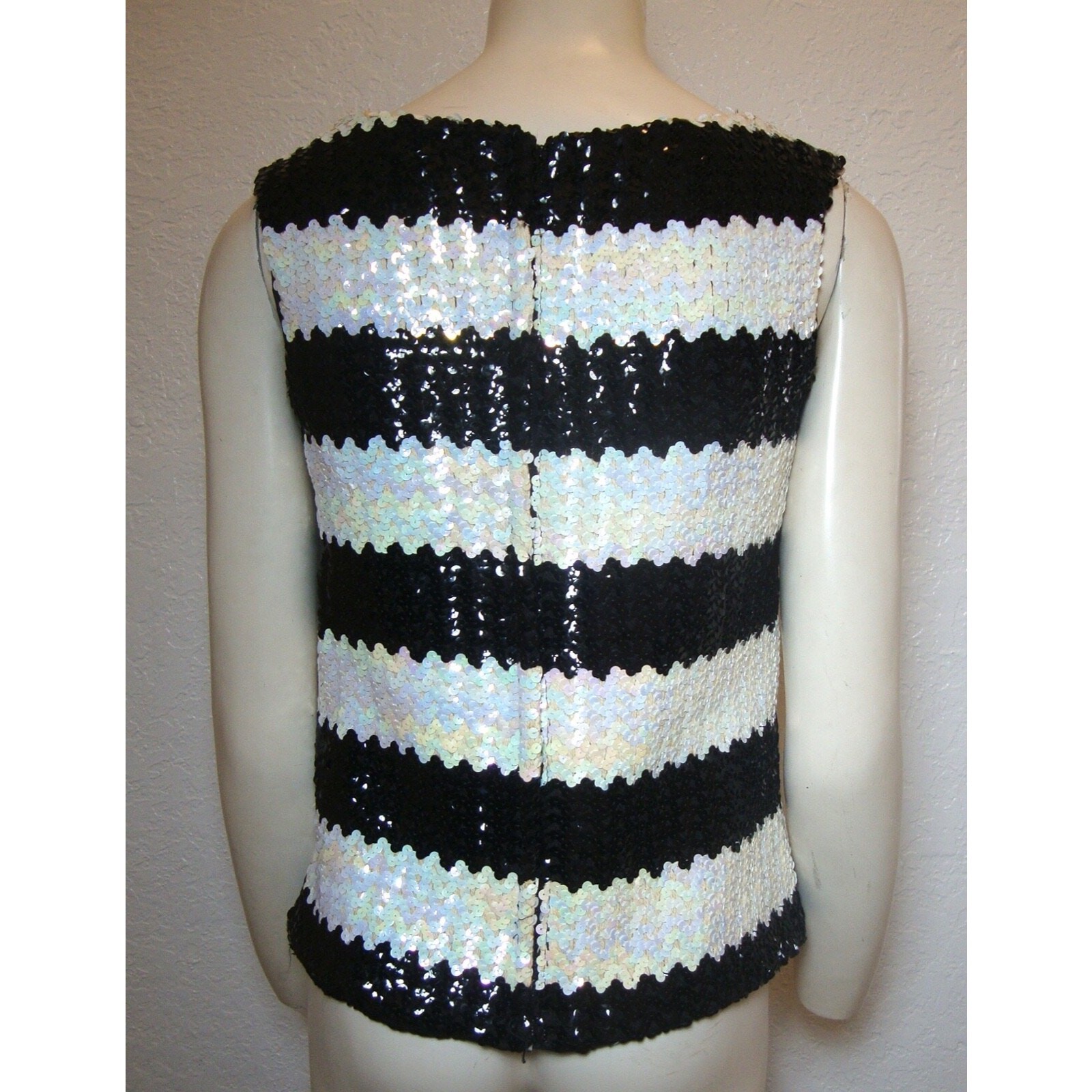 Vintage Sequin Top 60’s GO GO GIRL SZ 9 S M Black White PIN UP Sleeveless Lined