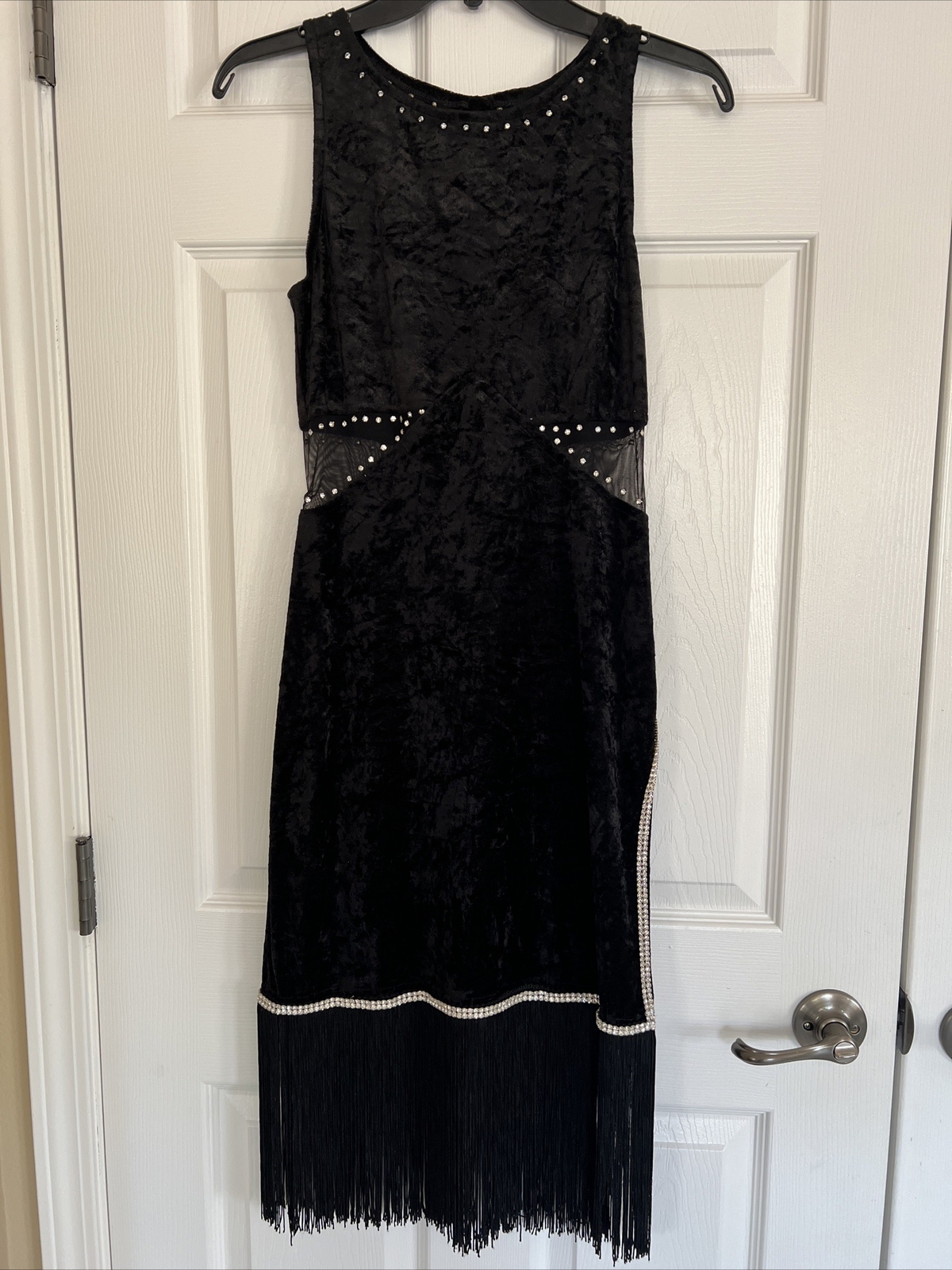 Vintage Customized Black Velvet Sleeveless Dress Gatsby Look Fringes/slit Small