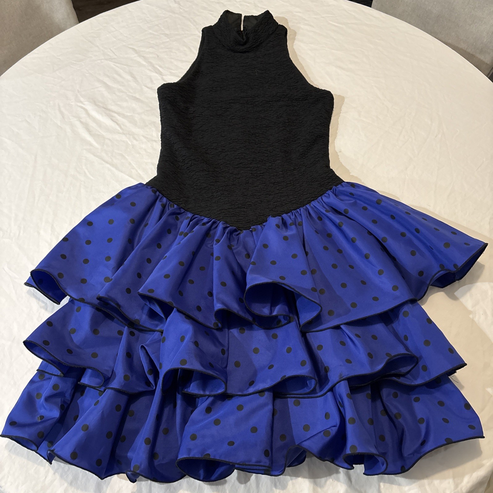 1980’s Huey Waltzer for Darcy 80s Prom Polka Dot Dress Size 5/6 Black Blue USA