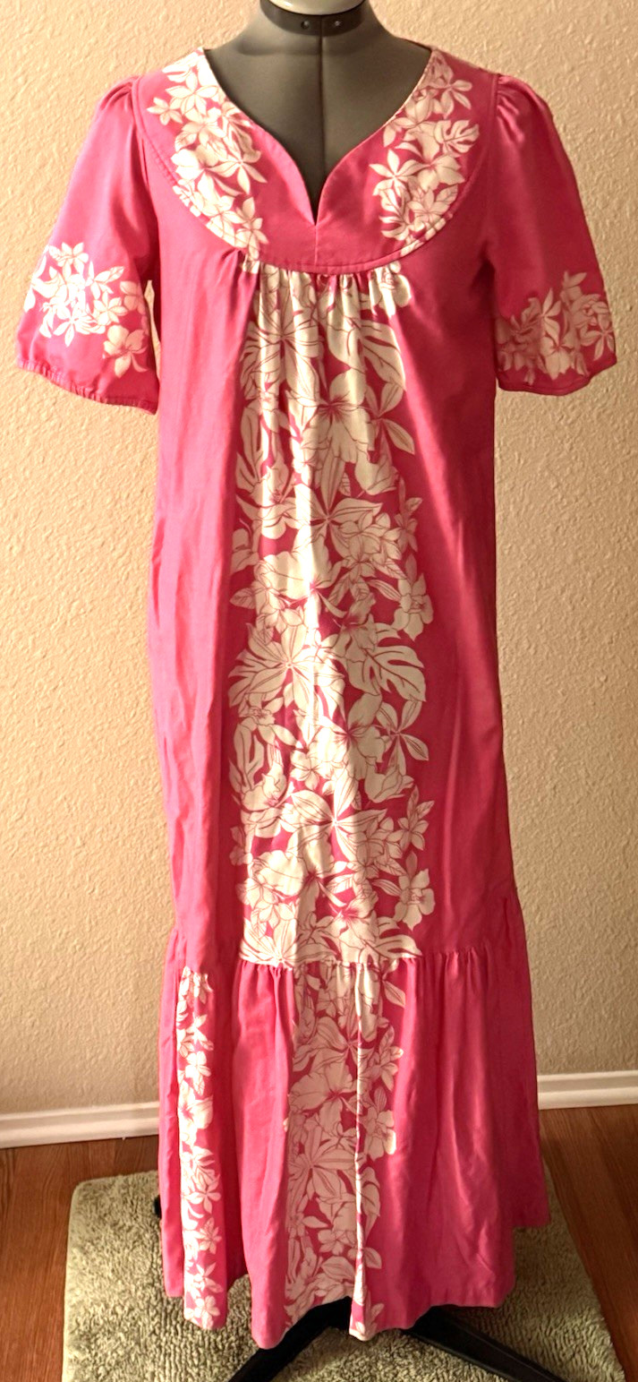 Vtg Royal Creations Hawaiian Dress Cotton 100% Tropical Pink Floral Ruffle M