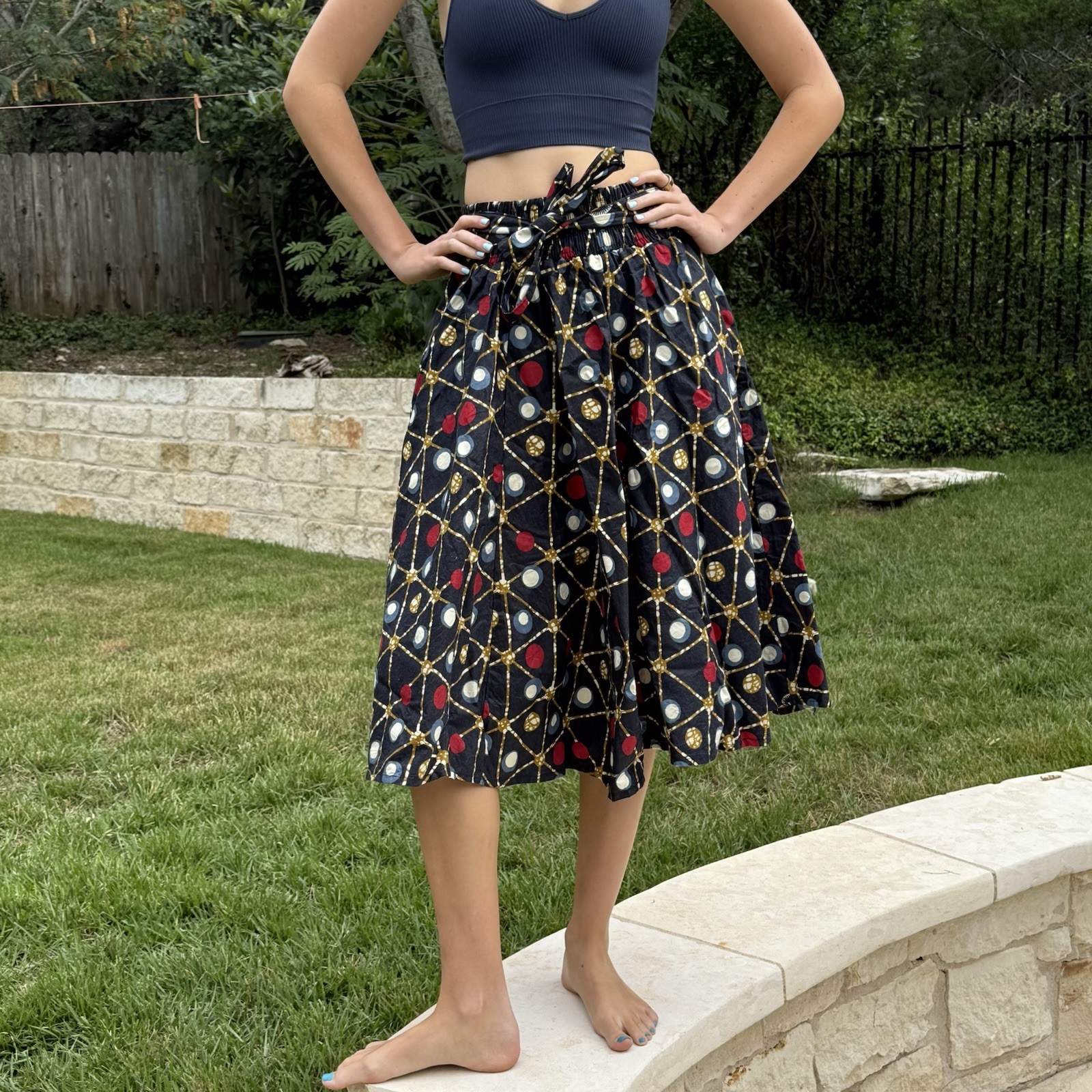 Vintage Cotton Circle Skirt OSFA Medium Retro MCM Geometric Atomic Pockets