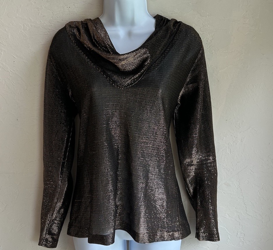 Vintage 1970s Teddi Of California Metallic Top 10 Cowl Disco Glam Bronze Lamé