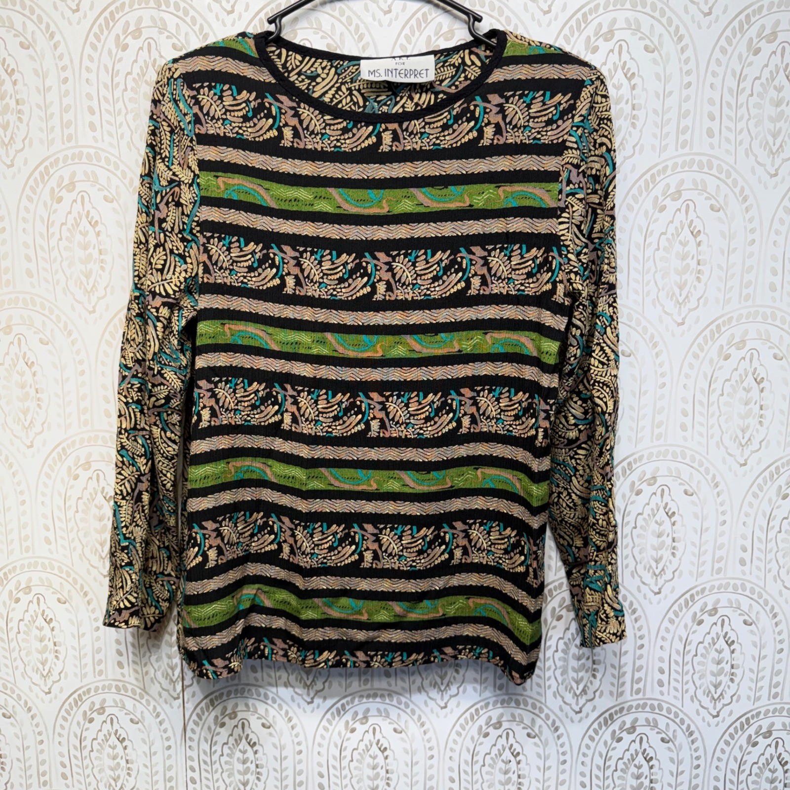 Ms Interpret Vintage Blouse Womens 8 Black Green Rayon Mixed Print Shoulder Pads