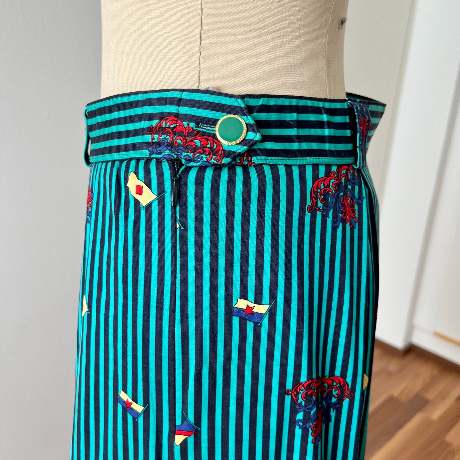 1980s BLEYLE Cotton Pleated High Waist Midi Skirt Preppy Summer Striped Aline 38
