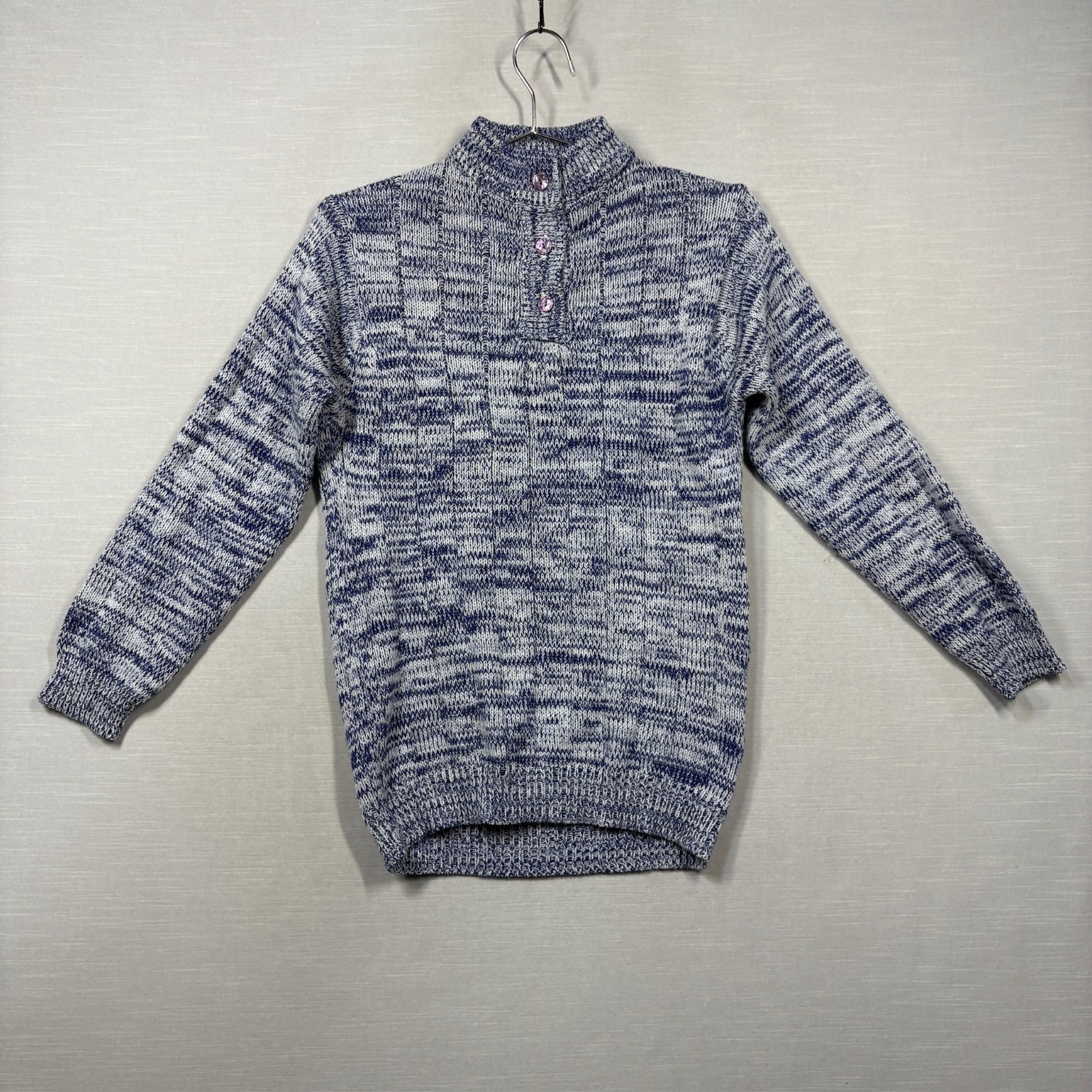 Vintage Marled Henley Sweater Women Small Blue White Acrylic Knit Mock Neck 70s
