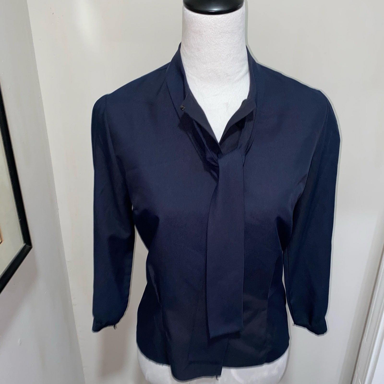 Vintage Navy Blue Fitted Blouse 3/4 Sleeves Pussy Bow 1960-70s Retro Button Down