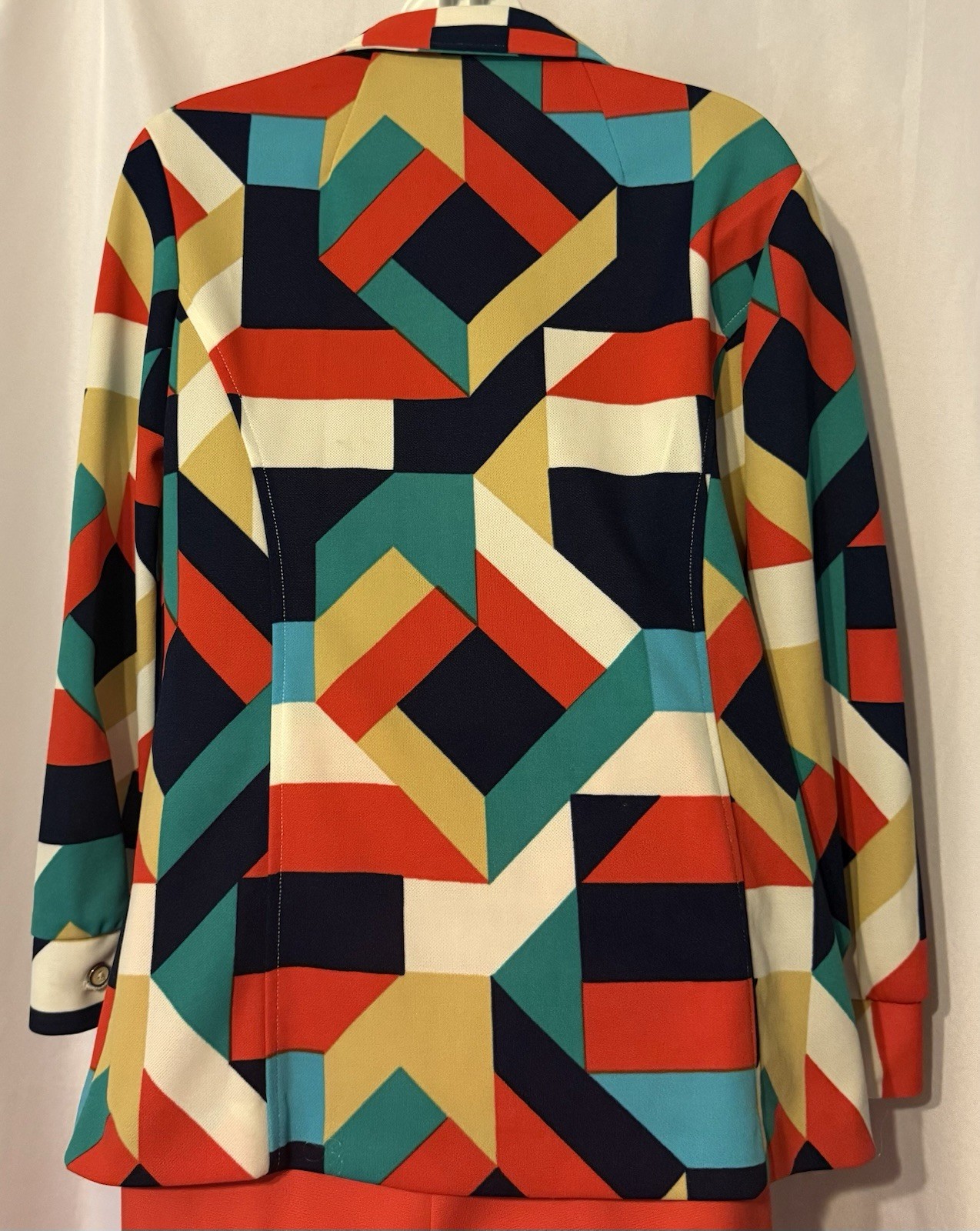 RARE Vtg 70’s 2 Pc Alex Coleman Suit Geometric Print Top Orange Pants Sz Sm