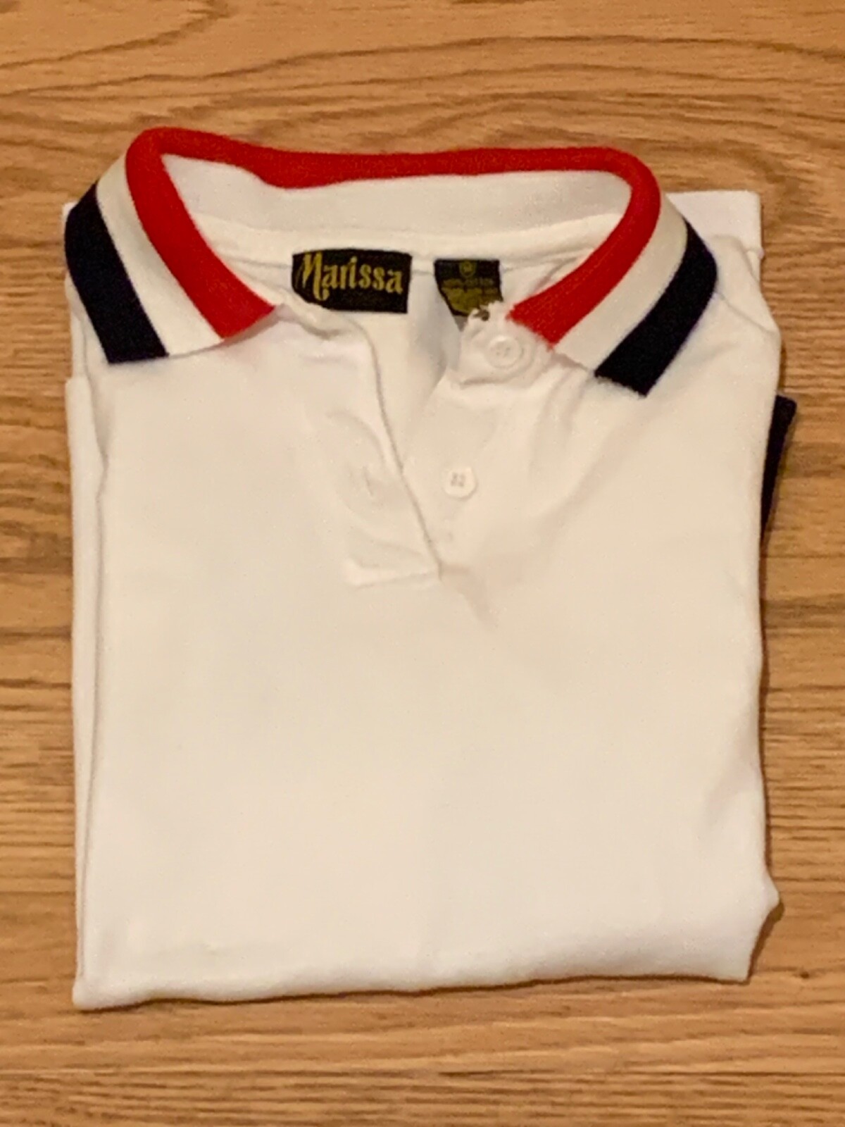 Vintage 1980s Marissa Crop Polo Style White Shirt with Red White Navy Collar M