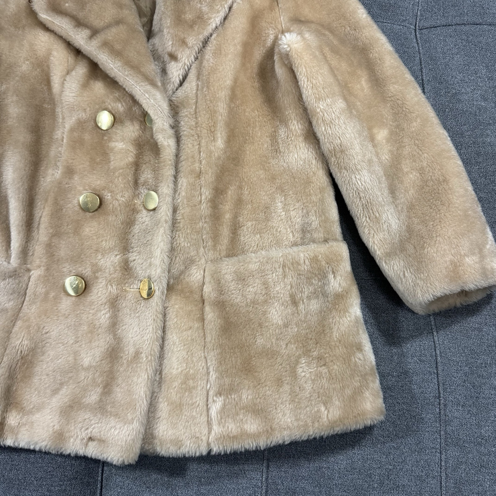 Vintage Sears Coat Womens 12 Faux Fur Camel Beige Gold Buttons Double Breasted