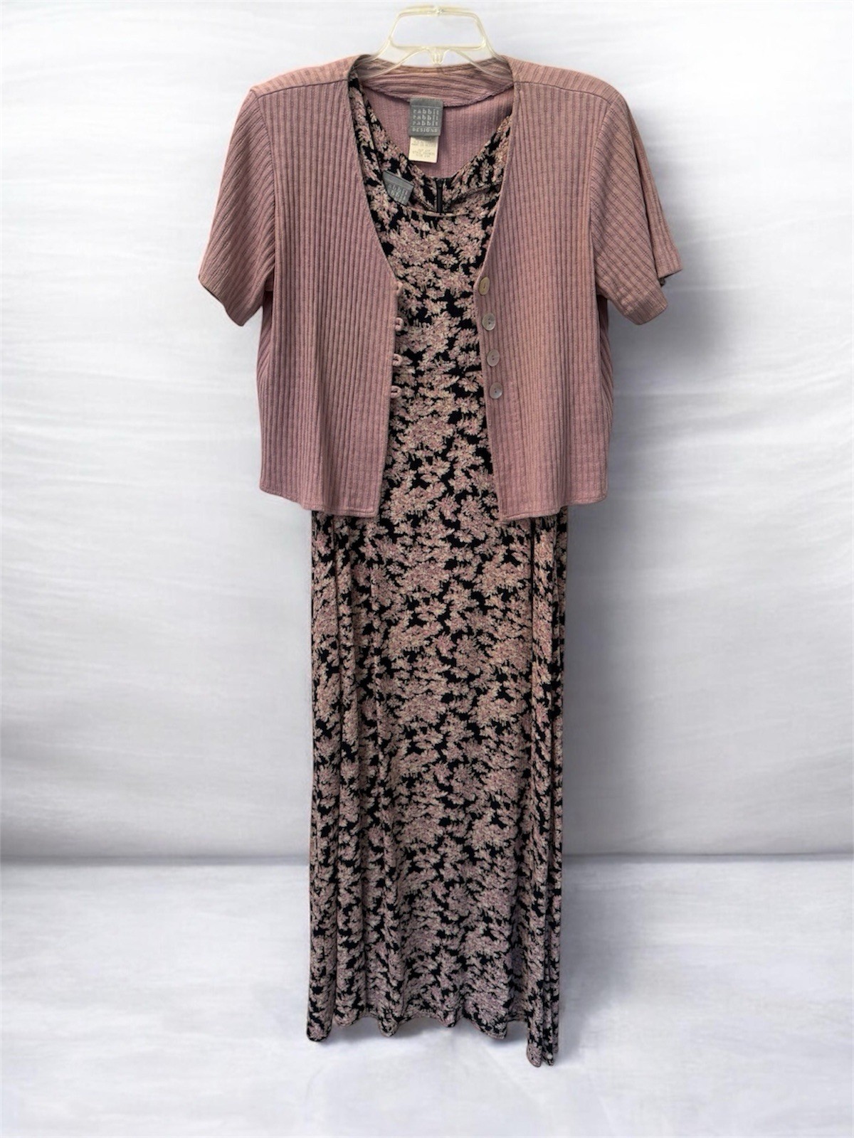 Vintage 90’s Y2K Rabbit Rabbit Rabbit 2 Pc Floral Maxi Dress & PINK Cardigan 14