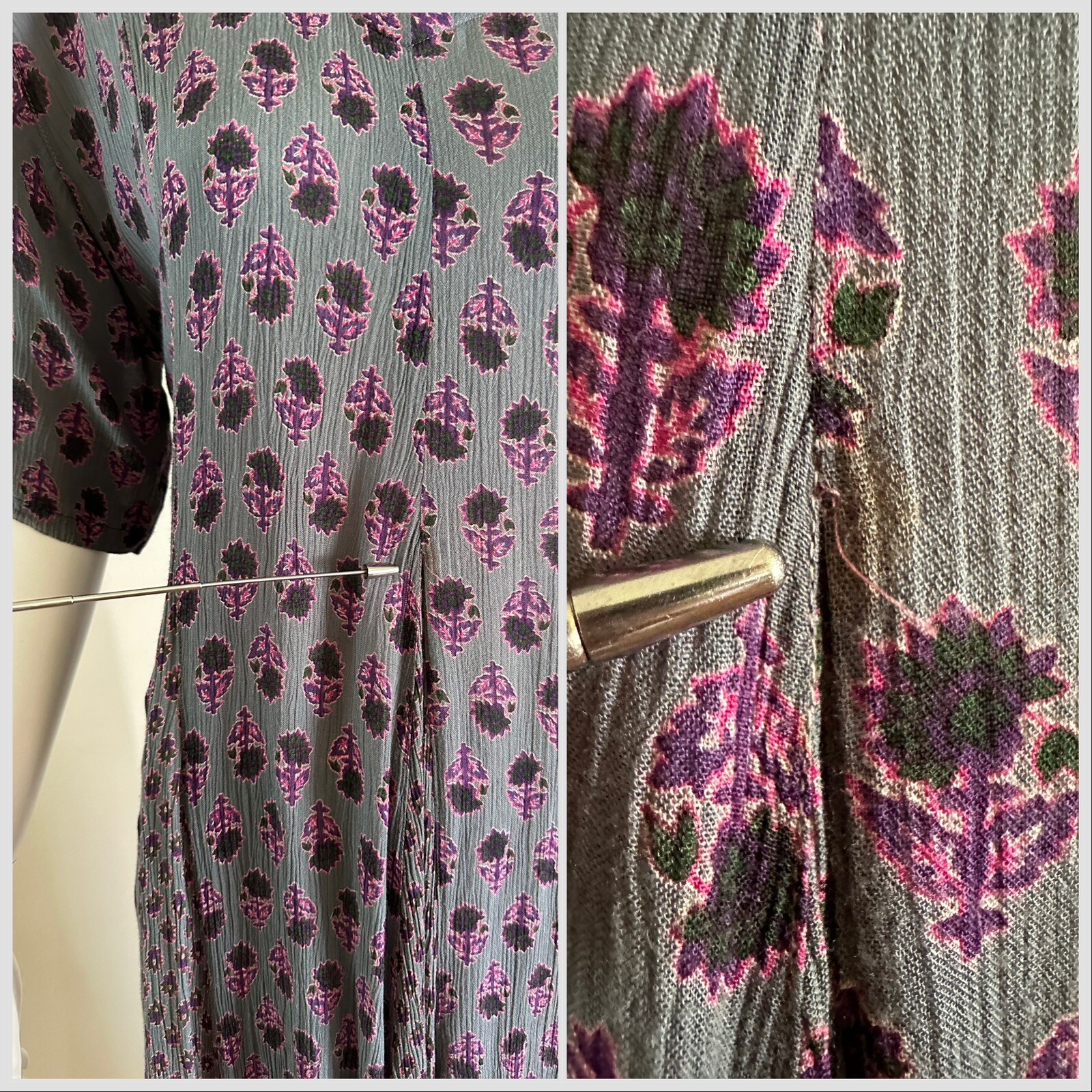1990s Indian Block Print Rayon Gauze Tie Back Dress Grunge Floral Punk M 90s VTG