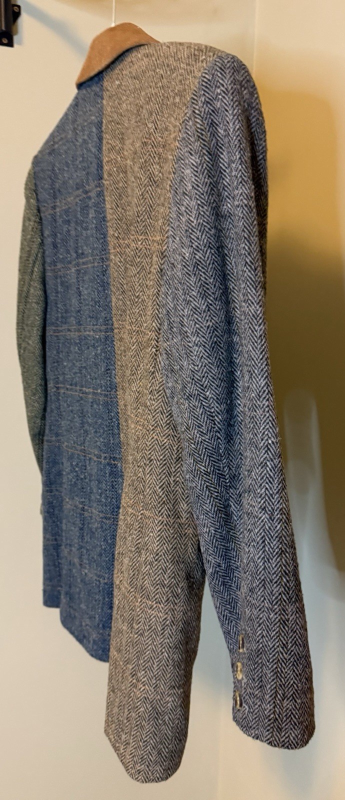 Vintage 90s QPS Wool Blend Herringbone Patchwork Blazer Suede Collar Size 8