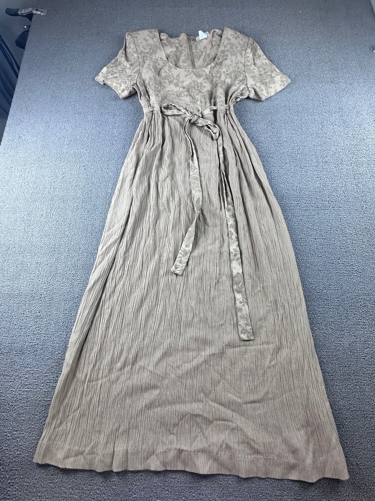 Vintage EXPO Maxi Dress Women 10 Tan Floral Belted Short Sleeve USA Cottagecore
