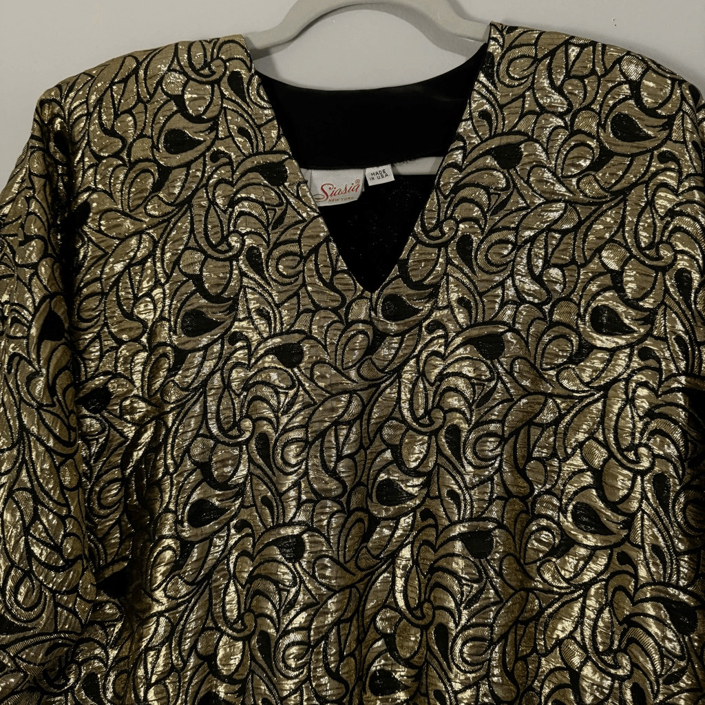 Siasia Vintage 80s Gold Metallic Black Sequin Rayon Made in USA Glam Top M