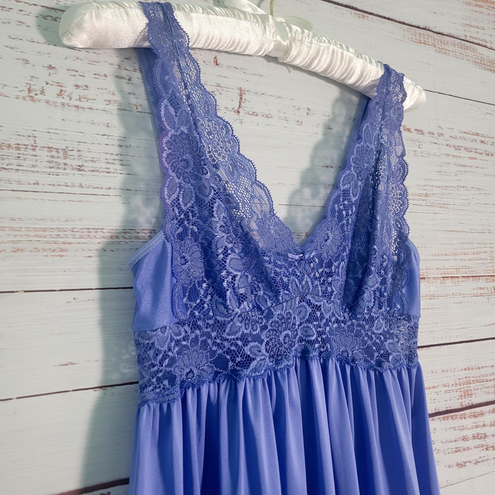 Vintage Shadowline Nightgown Long Periwinkle Blue Purple Lace Bodice Maxi