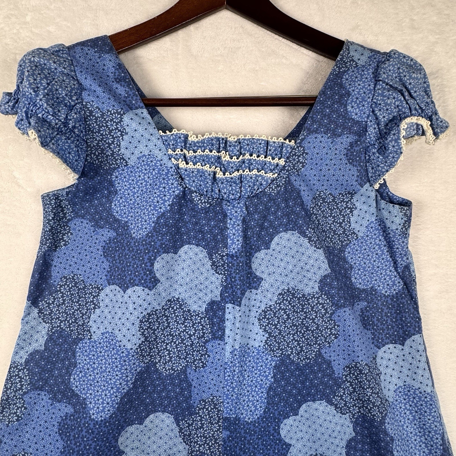 Vintage Penneys Hawaii Blue Floral Cotton Maxi Dress Pockets Lace Trim 9 S