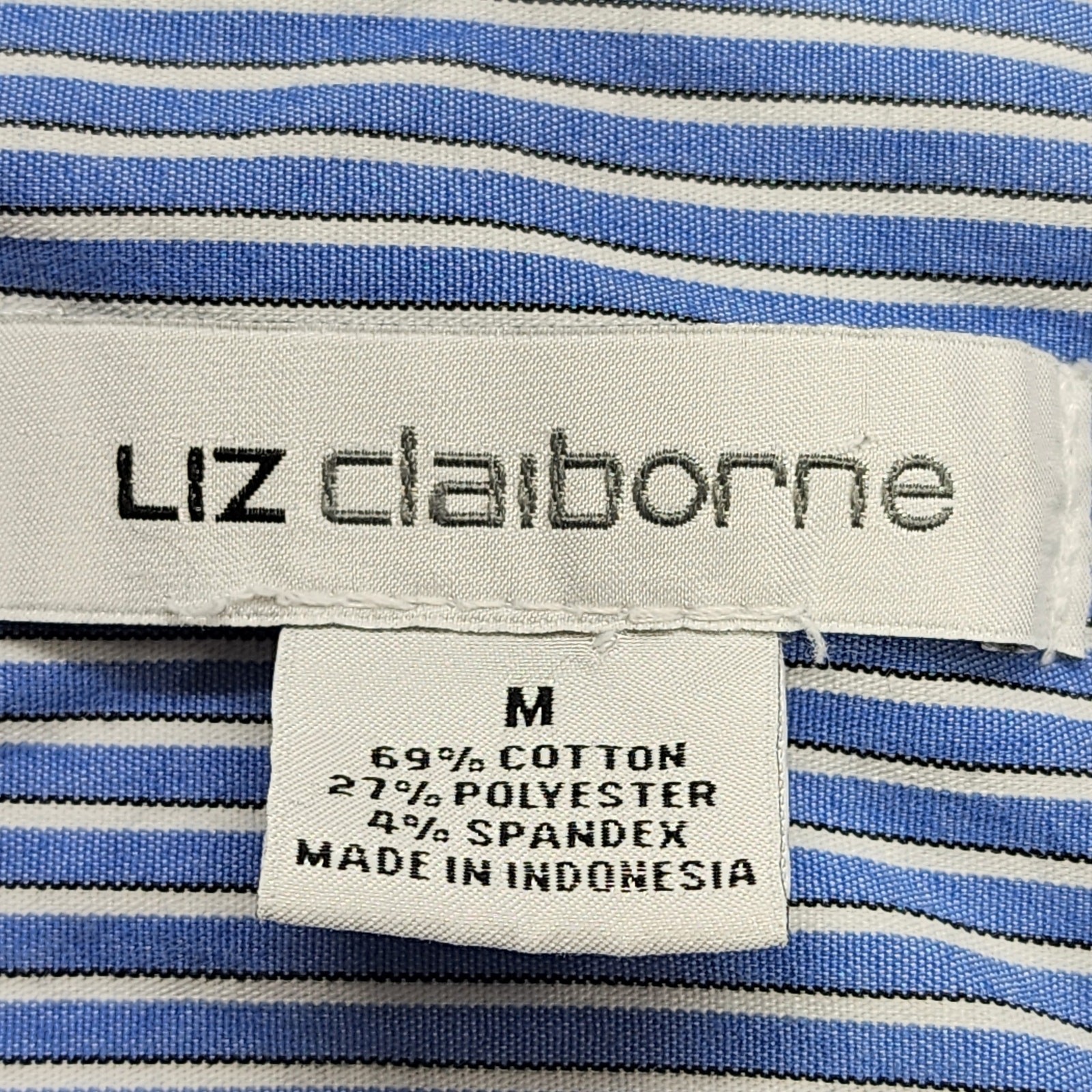 Vintage 90s Liz Claiborne Top Womens M Blue Striped Stretch Cotton Button Down