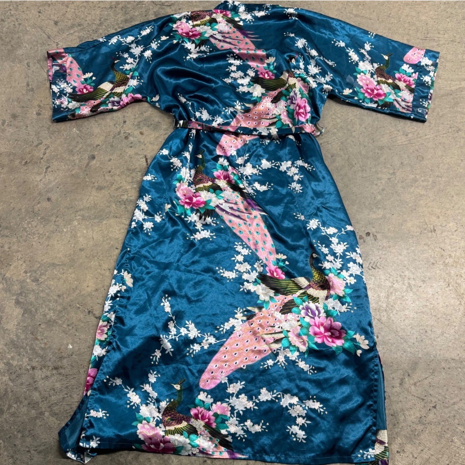 Babeyond Teal Satin Peacock Floral Long Kimono Robe Old Money Boho Retro Y2k