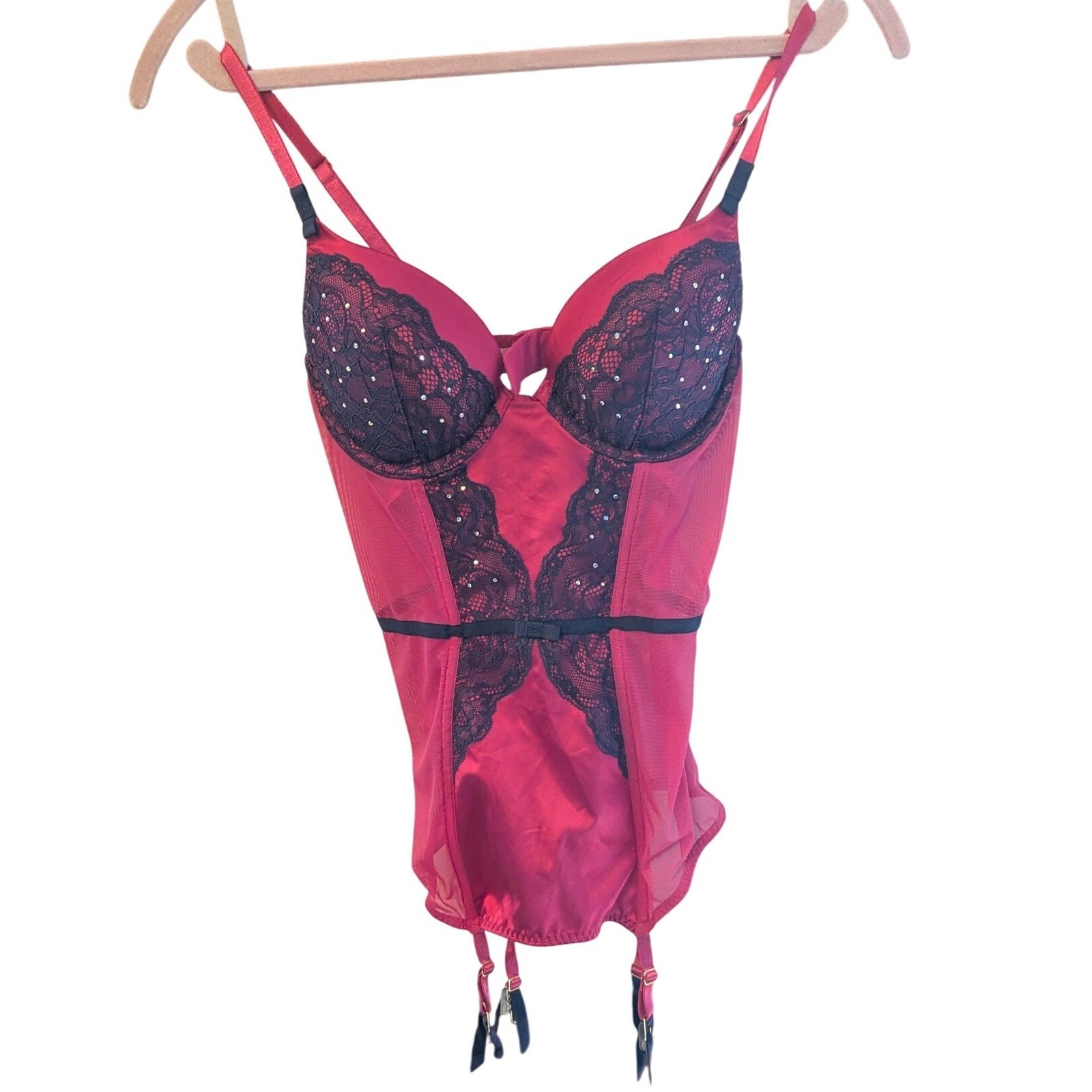 Adore Me Corset Lingerie Medium Pink Black Lace Rhinestone Garter Burlesque Glam