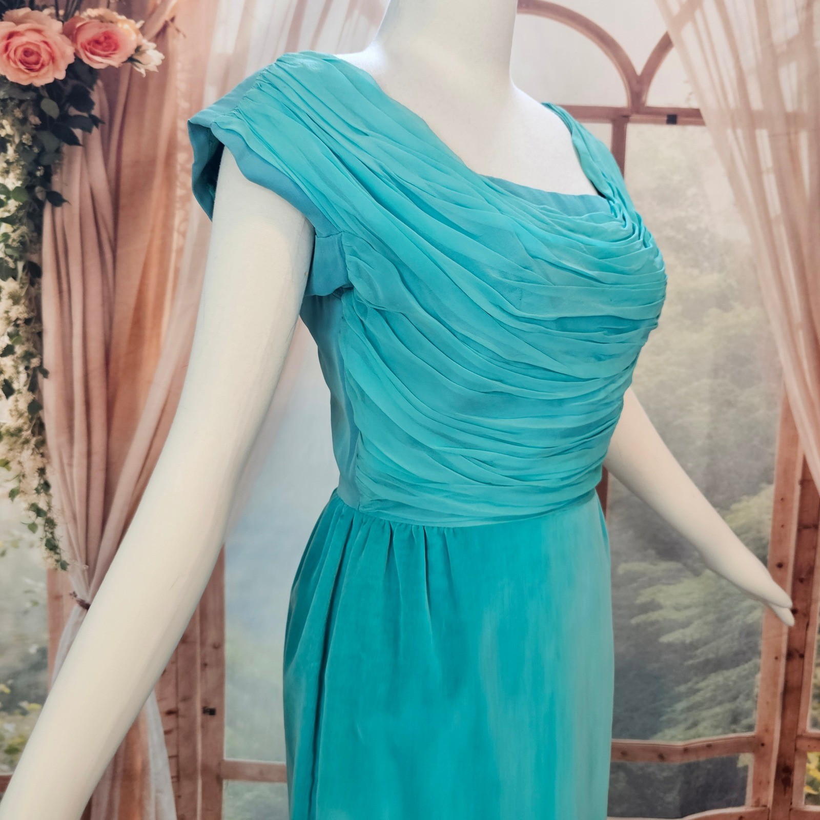 Vintage 1950s Dress Jay Herbert California Teal Ruched Draped Cocktail Formal