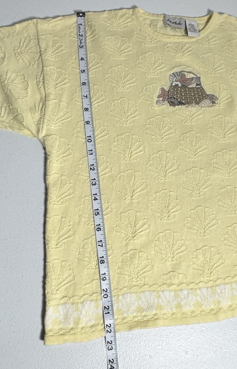 Vintage La Moda Cotton Ramie Textured Shell Motif Knit SS Sweater Yellow Sz L