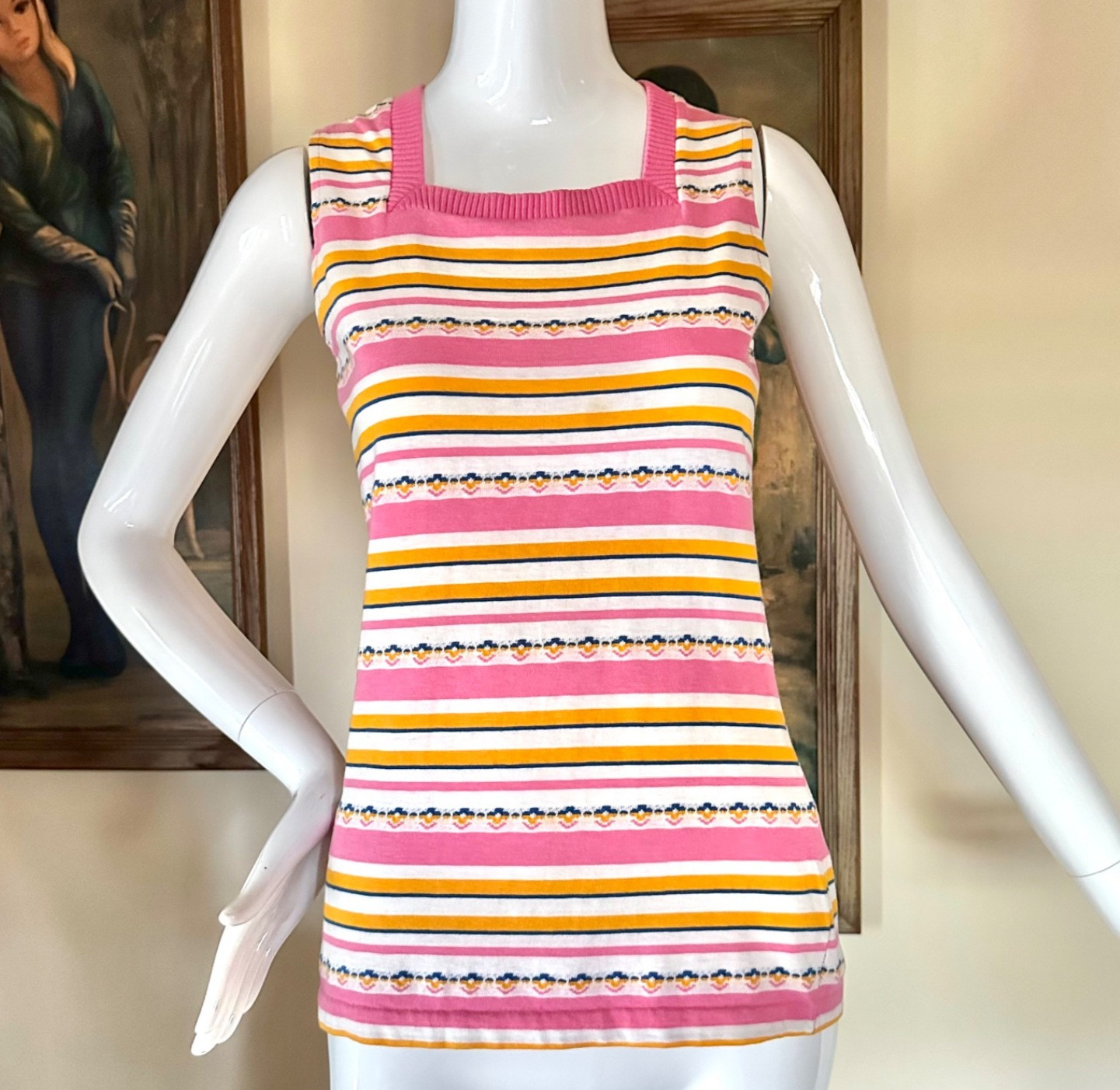 Vintage 70s Pink & Yellow Striped Ringer Top Brady Bunch Hippie T-shirt S/M