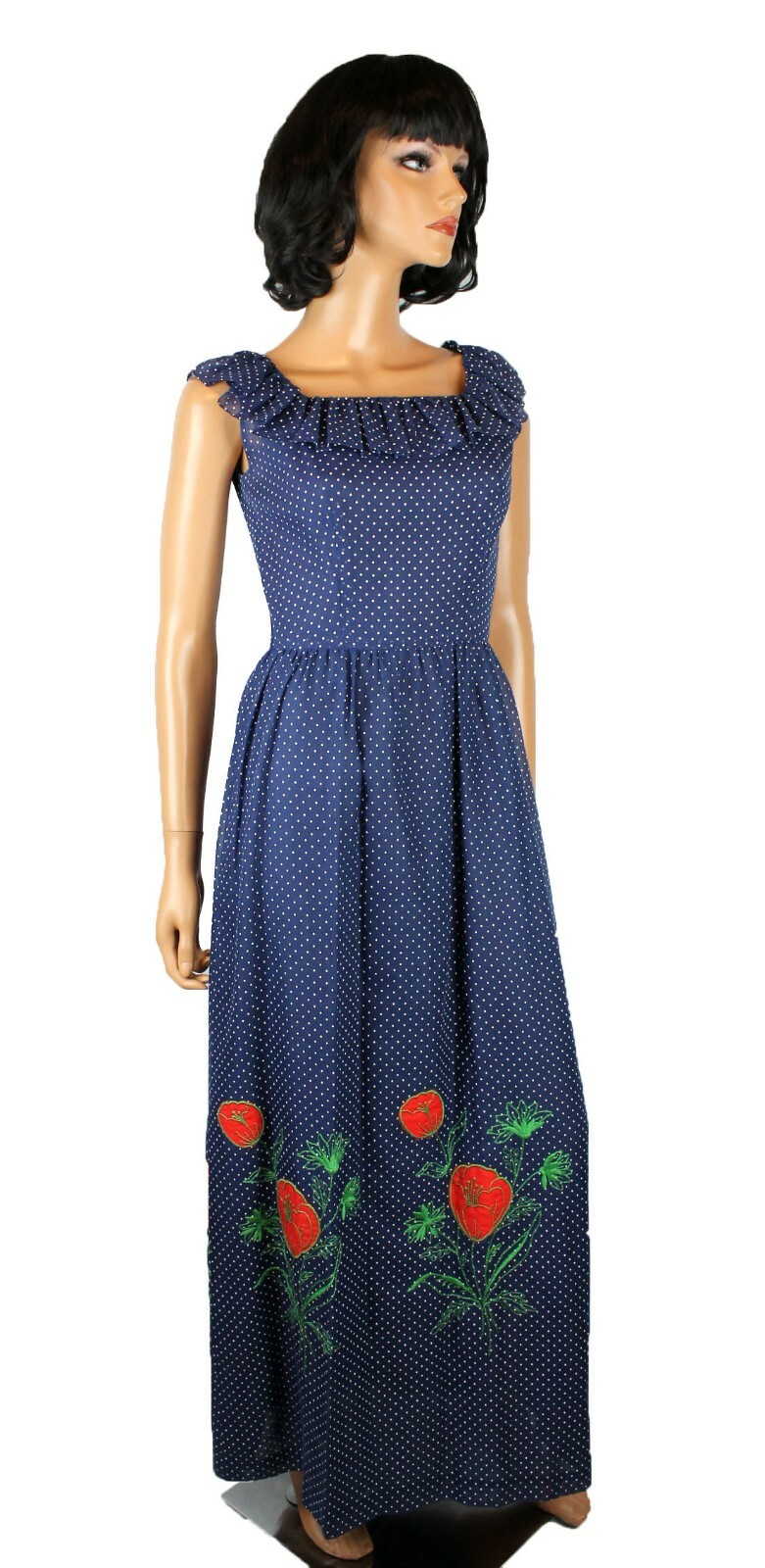 Prairie Girl Dress XS Vintage 70s Blue White Polka Dot Gauzy Cotton Embroidered