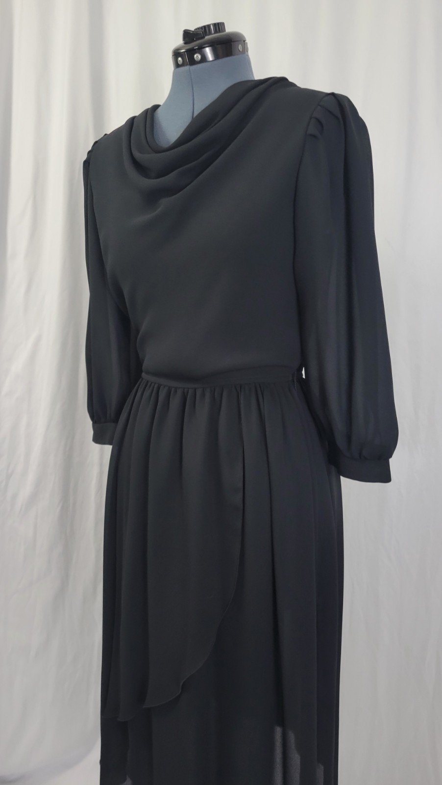 Vintage Leslie Fay Black Blouson Dress w Wrap Skirt Size 8