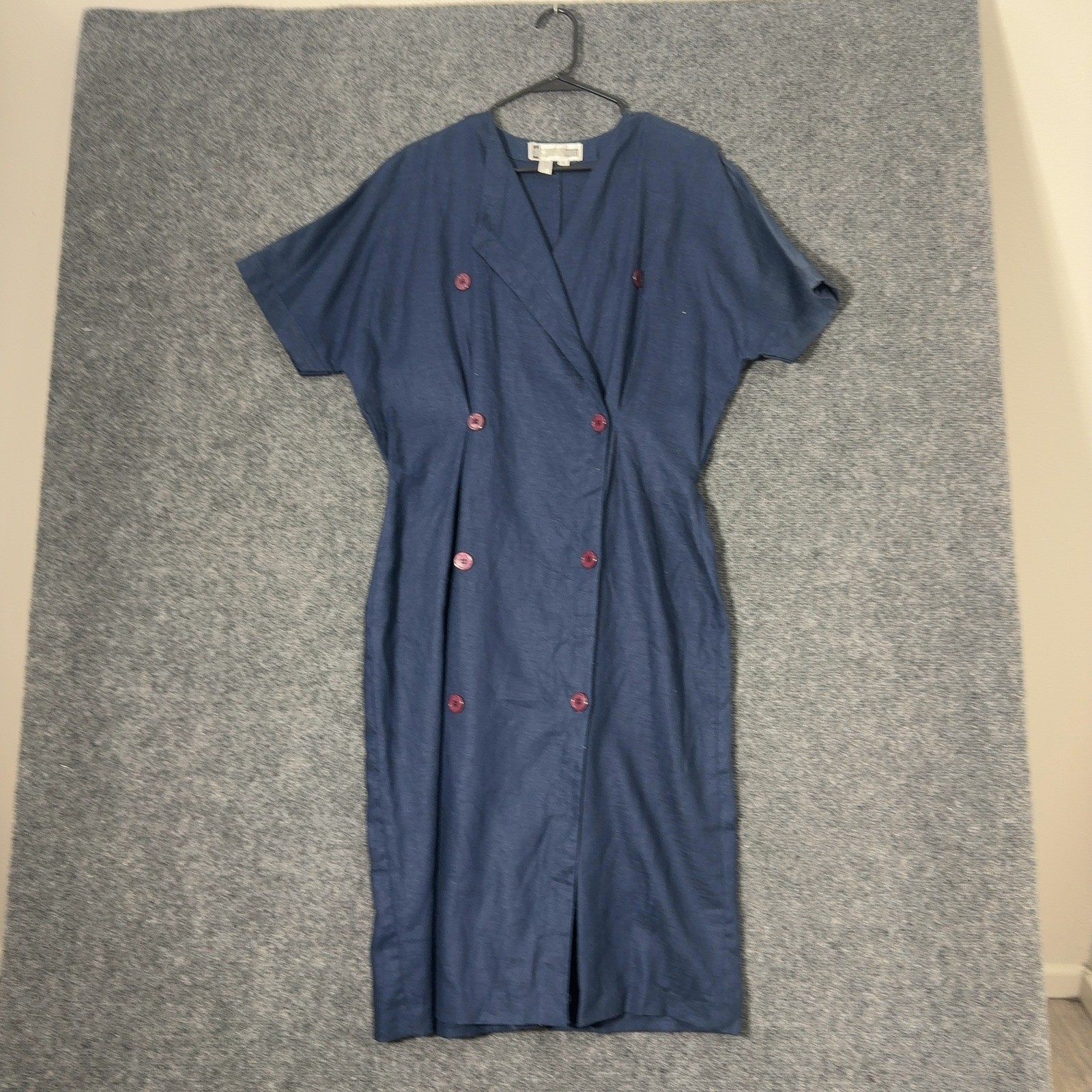 Vintage SK & Company Dress Womens 14 Blue Linen Double Breasted Midi Retro