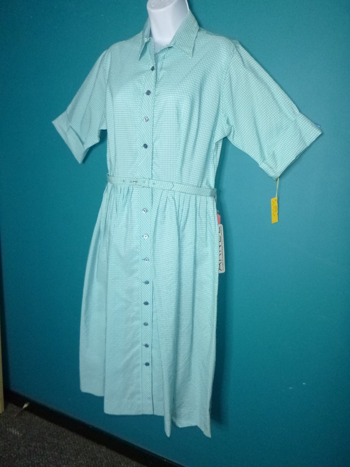 NOS Vtg 60s Shirtwaist Dress Turquoise Gingham W/ Belt Sz 20 XL/XXL *VOLUP*