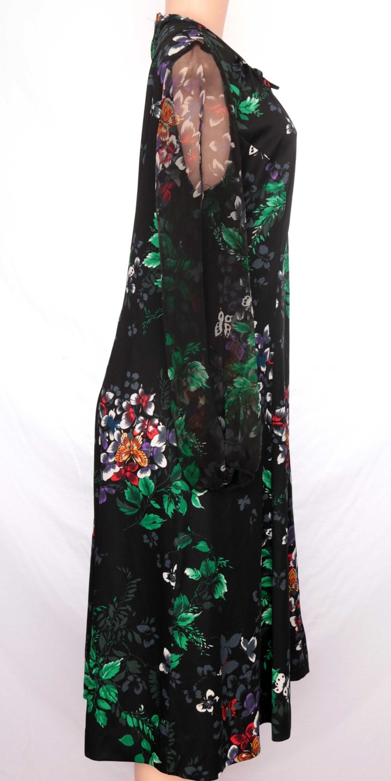 1970s Vintage Dress Black Floral Gothic Green Witchcore Boho Fall Sheer Sleeve L