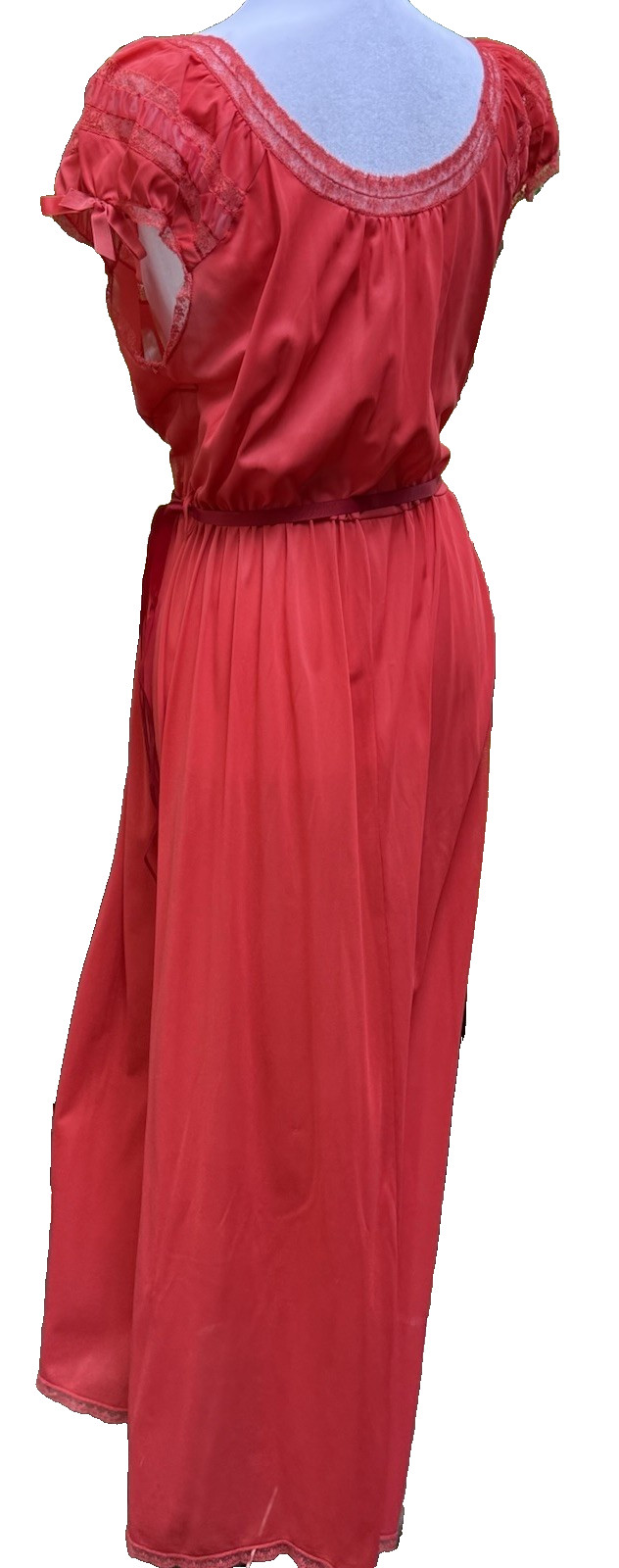 Vtg 60s Nightgown Chiffon Pleat Maxi Empire Goddess Siren Red Lace Nylon M 36 38