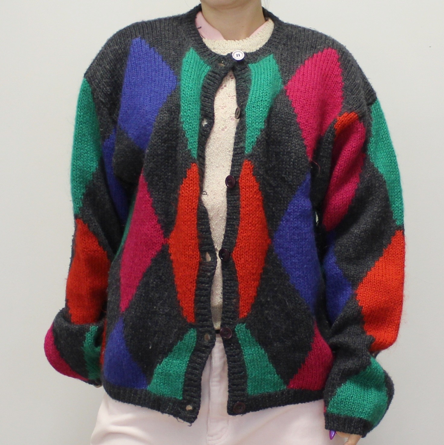 Vintage 90s Wool/Mohair/Acrylic Harlequin Jester Print Cardigan by Cappagallo