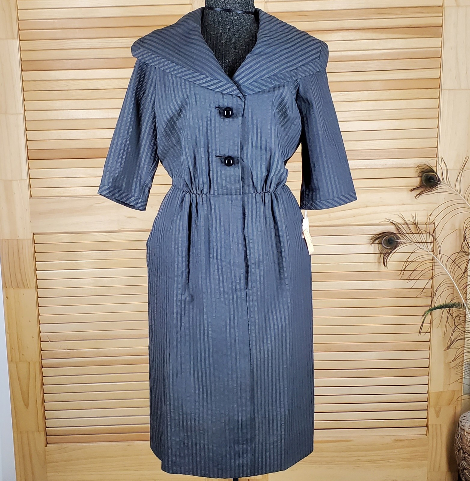 Vtg 50s 60s dress Georgia Bullock designer Size L chest 22 striped blue grey