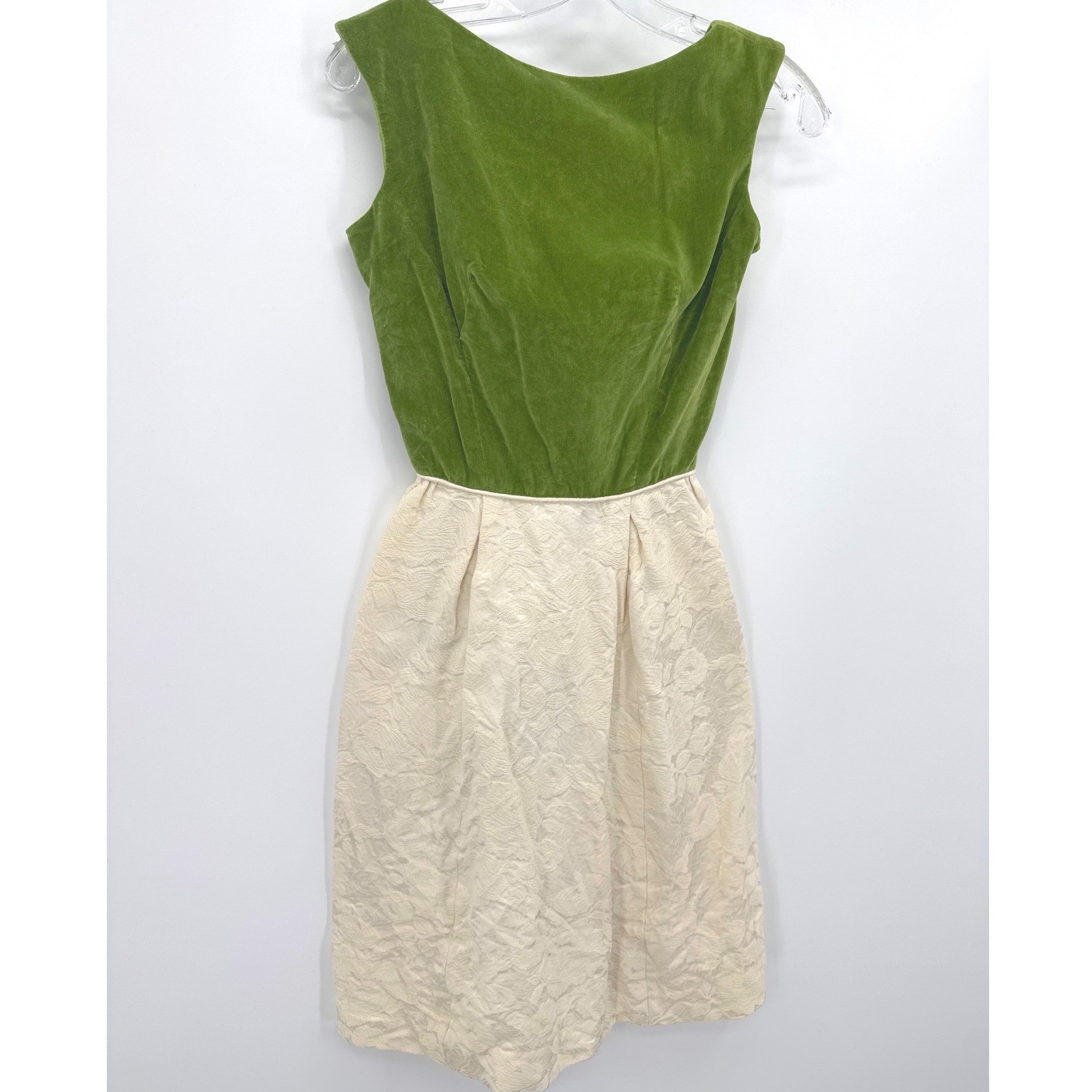 VTG 1960’s Green Velvet Cocktail Dress Cream Floral Brocade Luxury Rockabilly