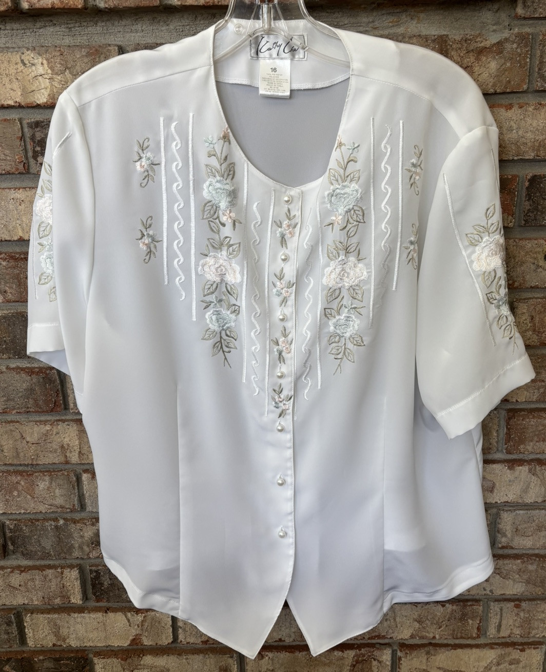 VINTAGE ALLISON KATHY CHE WHITE SHORT SLEEVE EMBROIDERED BLOUSE SECRETARY SZ 16