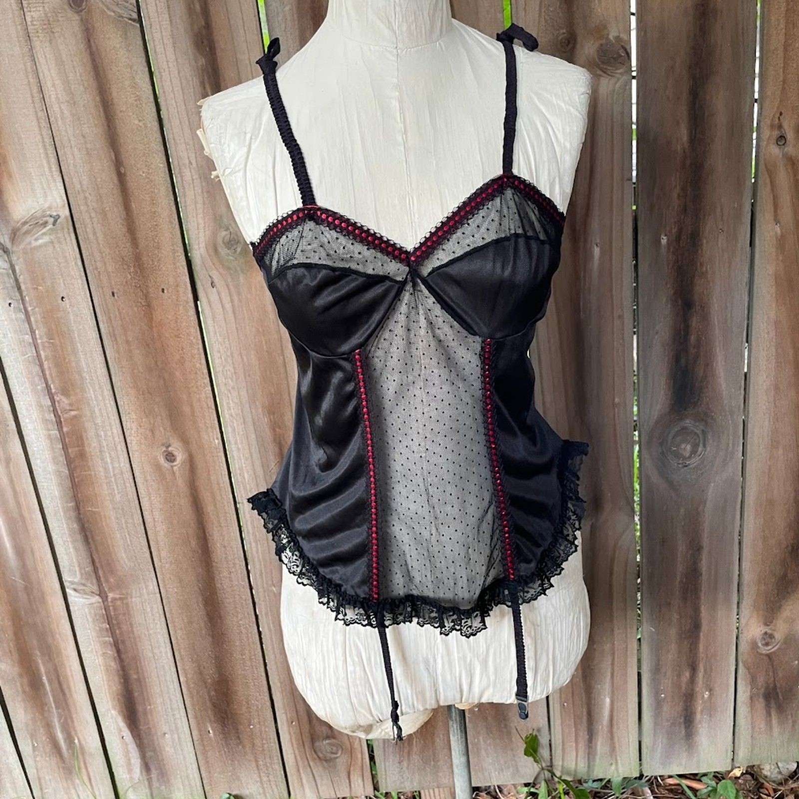 Vintage 70s BLISS Chemise With Garters Black NYLON Sheer Esprit Mesh Lace L Flaw