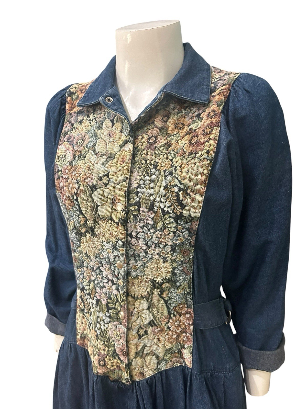 Vintage 80s Denim Prairie Dress Tapestry Floral Corset Midi Puffed Sleeve S 7 ^
