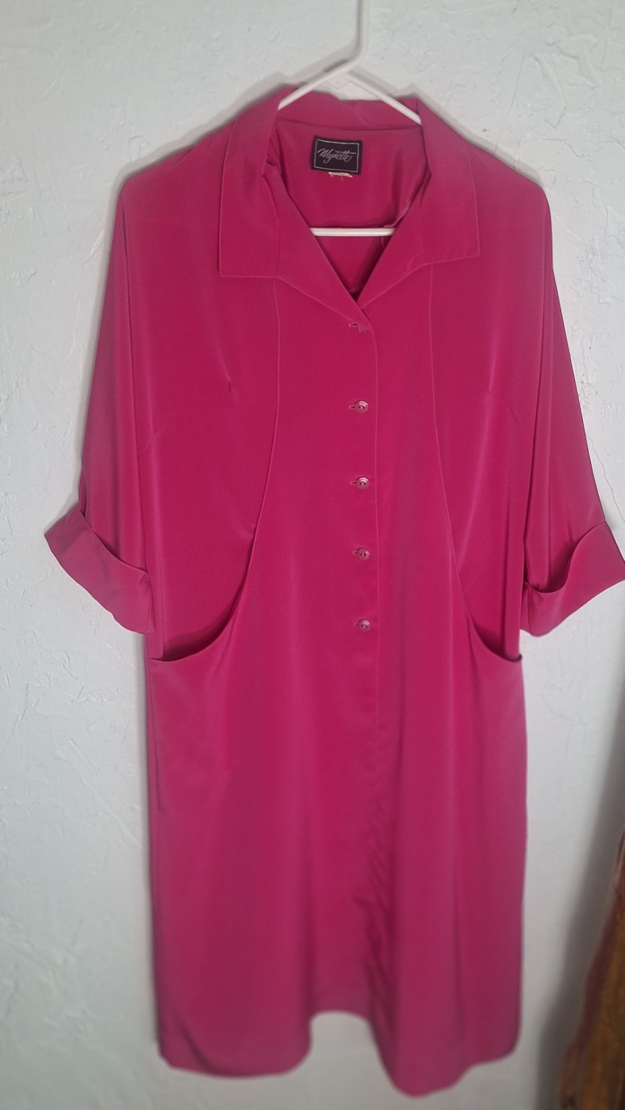 Vintage Mynette Day Dress Fuschia Pink Polyester Pockets Button Up, Please Read