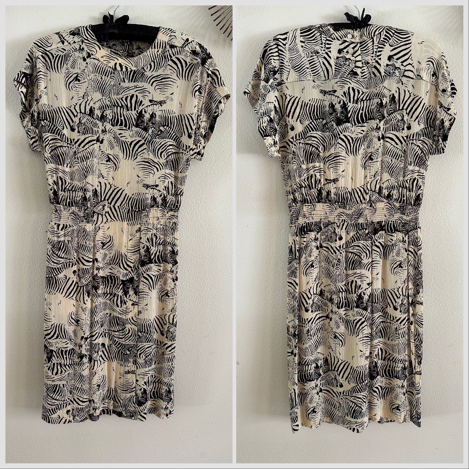 1980s Liz Claiborne Dresses Petites Crinkle Rayon Dress Zebra Print Safari 6 VTG
