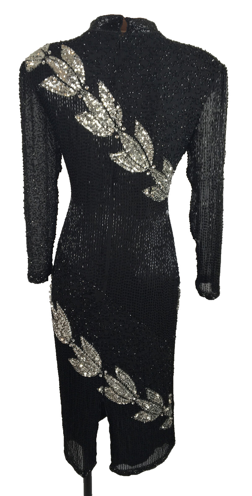 80s Silk Sequin Cut Out Dress Floral Beaded Long Sleeve By Sho Max sz M